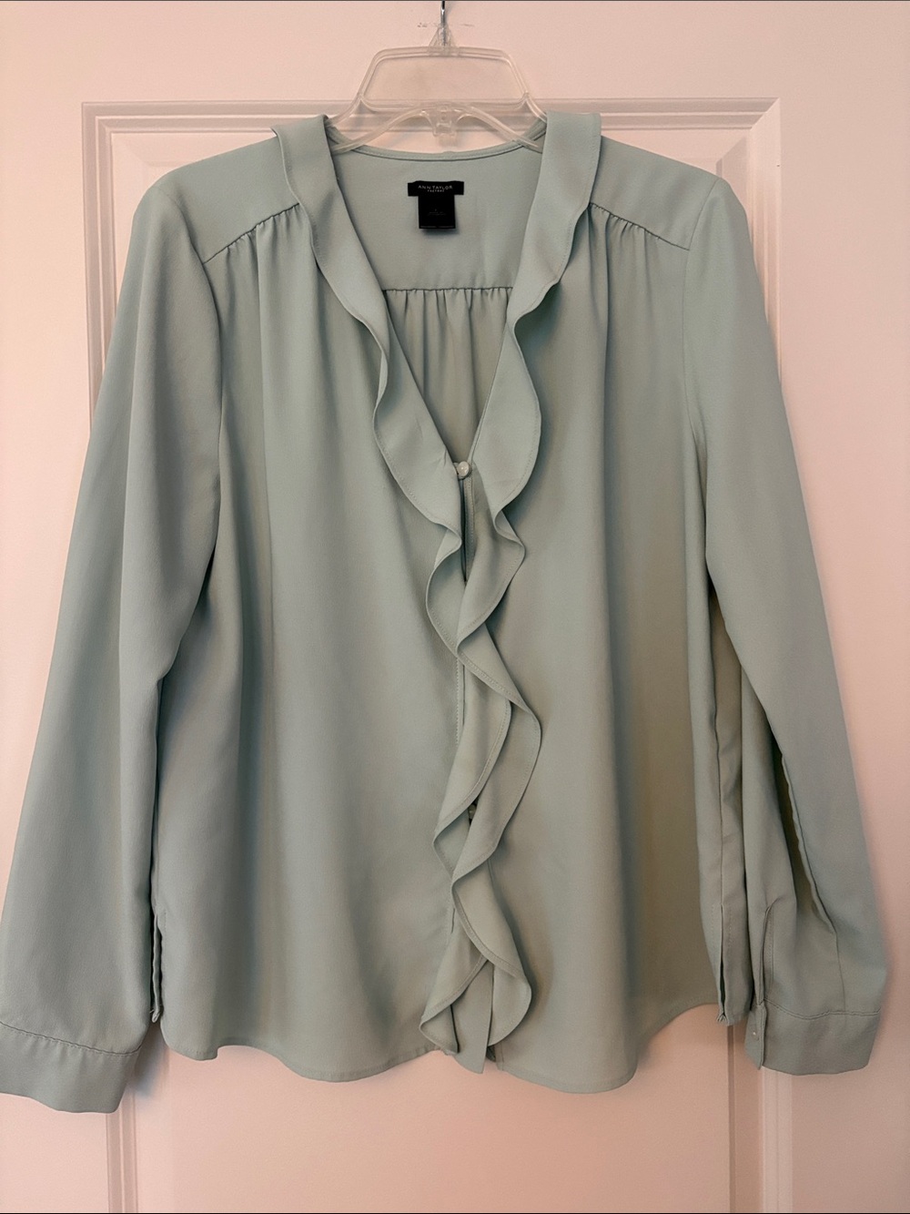 Ann Taylor Mint Green Ruffle Front Blouse